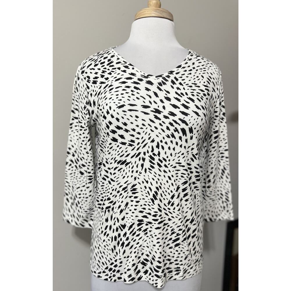 Chico's Eco Weave Black White Animal Print 3/4 Sleeve Top Cotton Shirt Size 1 M